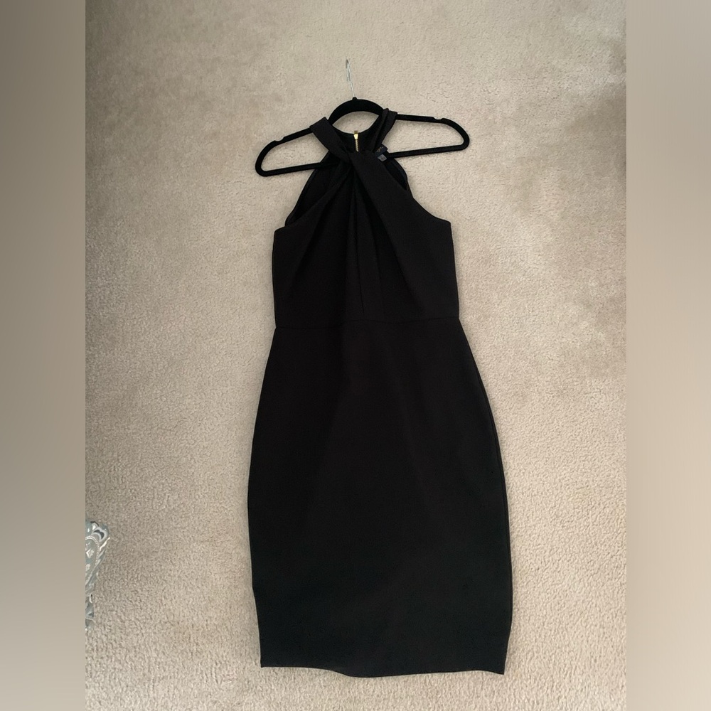 Black back zip twist halter top style cocktail dress